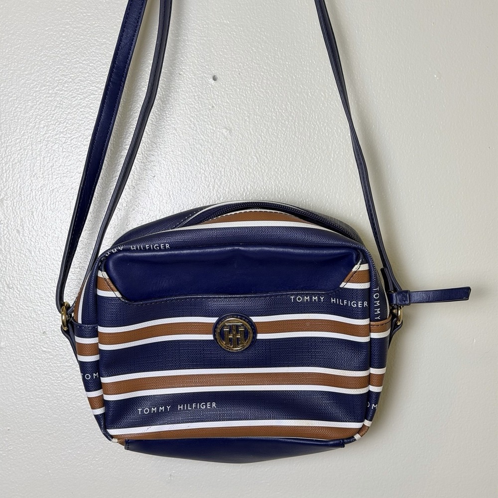 Tommy Hilfiger Striped Crossbody Bag Adjustable Strap Zip Navy Red White
